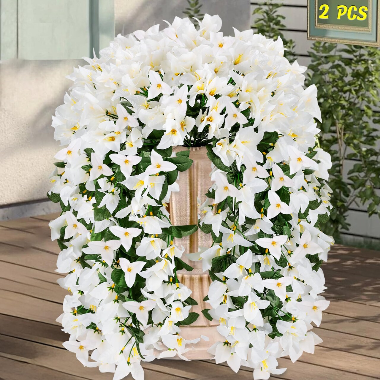 Artificial Bougainvillea Flowers for Outdoor Plant,2 pcs Faux Hanging Flowers Bougainvillea for Outside Decoration,Fake Silk UV Resistant Vines for Front Door Porch(White)